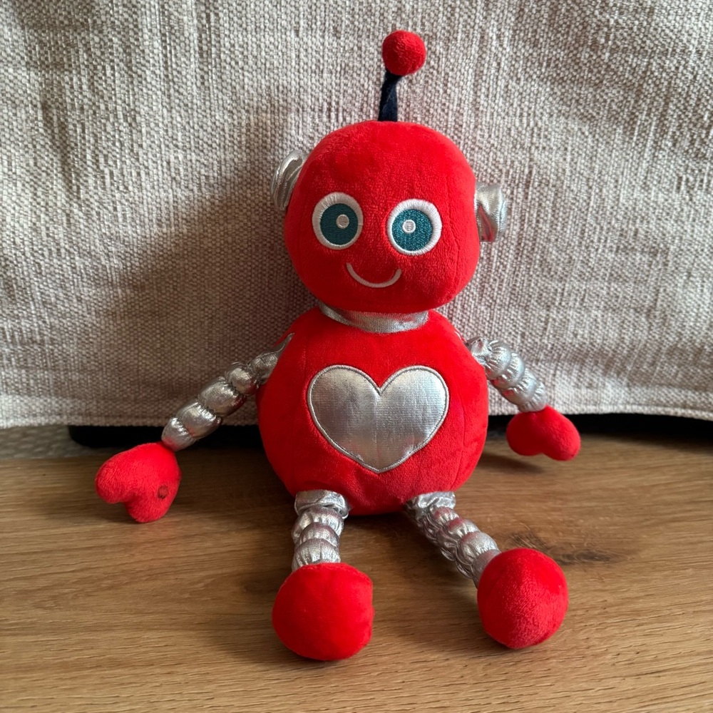 Hallmark Red Robot Valentine Plush Metallic Silver Heart Stuffed 12" Blue Eyes